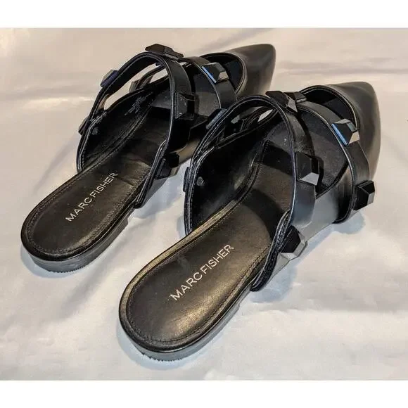 Marc Fisher Womens Searli Studded Strappy Mules Flats Black Size 10 Pointed Toe - Picture 6 of 9
